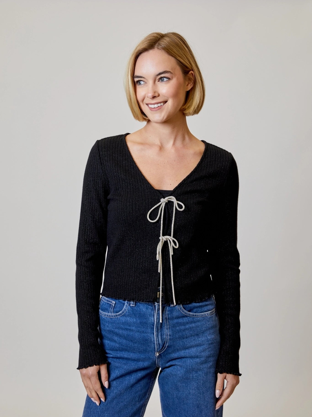 Design History Black Ribbed Lace-Up V-Neck Long Sleeve Top